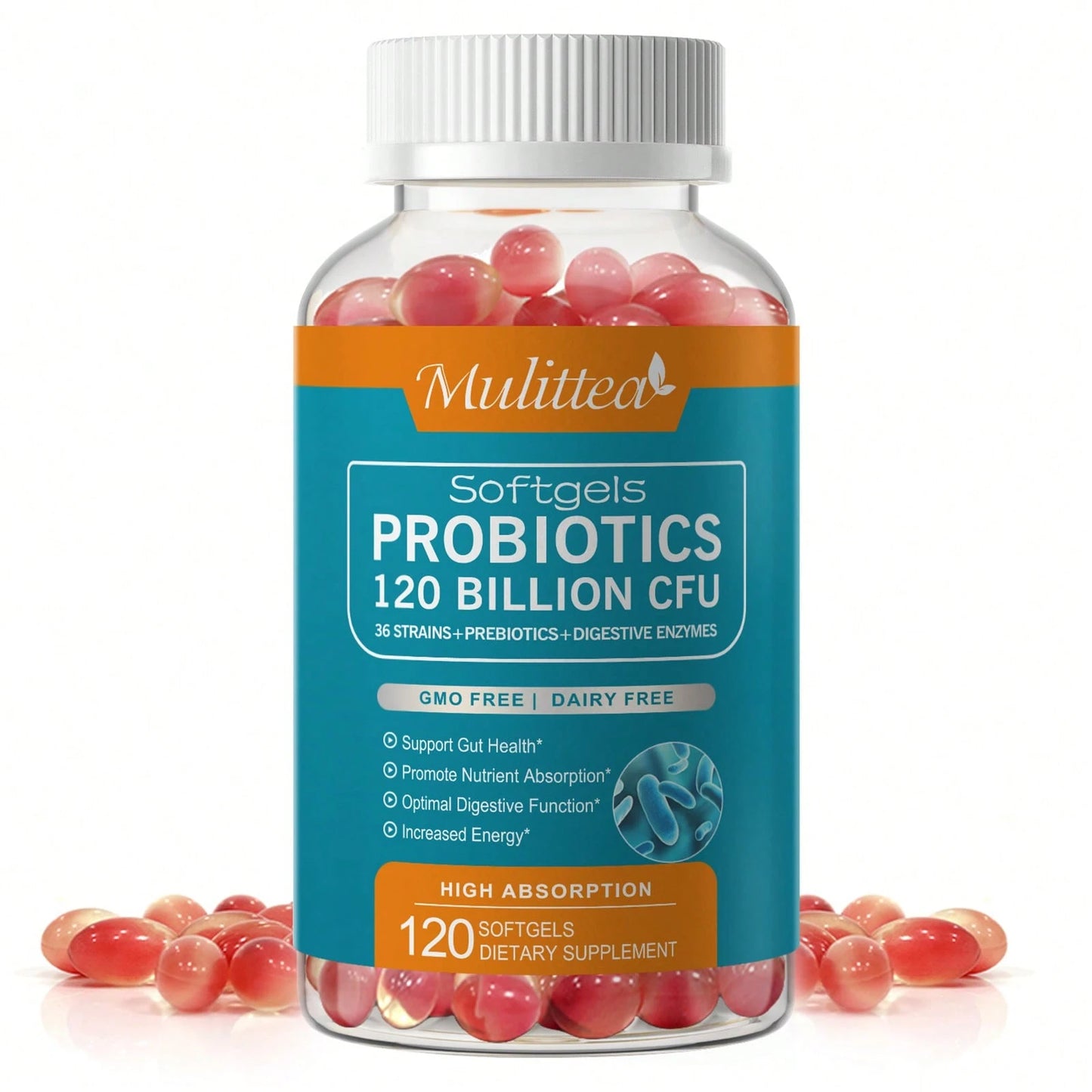Mulittea Probiotics 120 Billion CFU Softgels- 36 Strains + 4 Prebiotics + 10 Digestive Enzymes, Supports Gut Health, Digestive Function & Immune System, Vegan Gluten-Free Non-GMO (120 Count)