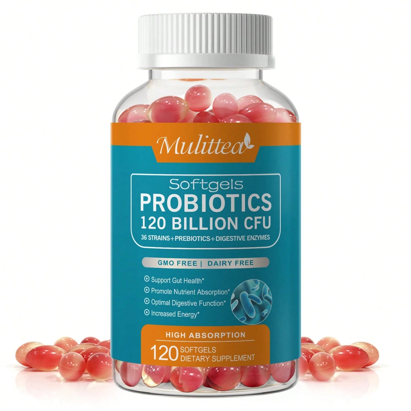 Mulittea Probiotics 120 Billion CFU Softgels- 36 Strains + 4 Prebiotics + 10 Digestive Enzymes, Supports Gut Health, Digestive Function & Immune System, Vegan Gluten-Free Non-GMO (120 Count)
