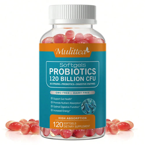 Mulittea Probiotics 120 Billion CFU Softgels- 36 Strains + 4 Prebiotics + 10 Digestive Enzymes, Supports Gut Health, Digestive Function & Immune System, Vegan Gluten-Free Non-GMO (120 Count)