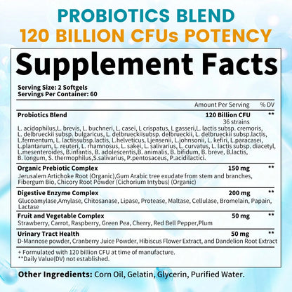 Mulittea Probiotics 120 Billion CFU Softgels- 36 Strains + 4 Prebiotics + 10 Digestive Enzymes, Supports Gut Health, Digestive Function & Immune System, Vegan Gluten-Free Non-GMO (120 Count)