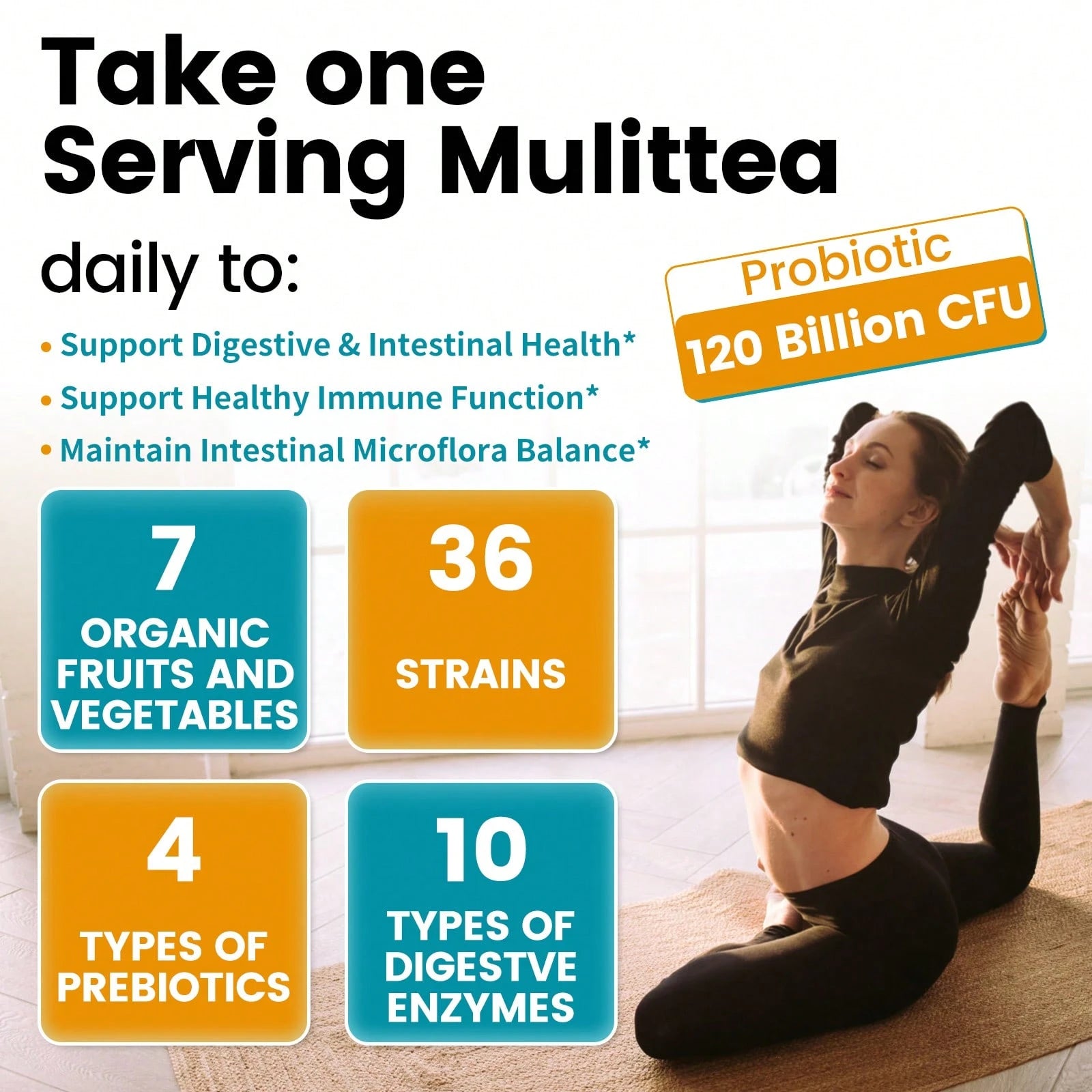 Mulittea Probiotics 120 Billion CFU Softgels- 36 Strains + 4 Prebiotics + 10 Digestive Enzymes, Supports Gut Health, Digestive Function & Immune System, Vegan Gluten-Free Non-GMO (120 Count)