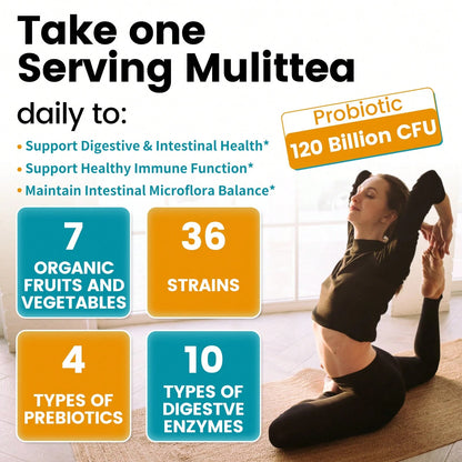 Mulittea Probiotics 120 Billion CFU Softgels- 36 Strains + 4 Prebiotics + 10 Digestive Enzymes, Supports Gut Health, Digestive Function & Immune System, Vegan Gluten-Free Non-GMO (120 Count)