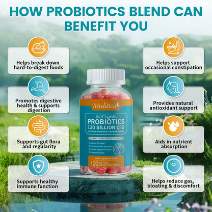 Mulittea Probiotics 120 Billion CFU Softgels- 36 Strains + 4 Prebiotics + 10 Digestive Enzymes, Supports Gut Health, Digestive Function & Immune System, Vegan Gluten-Free Non-GMO (120 Count)