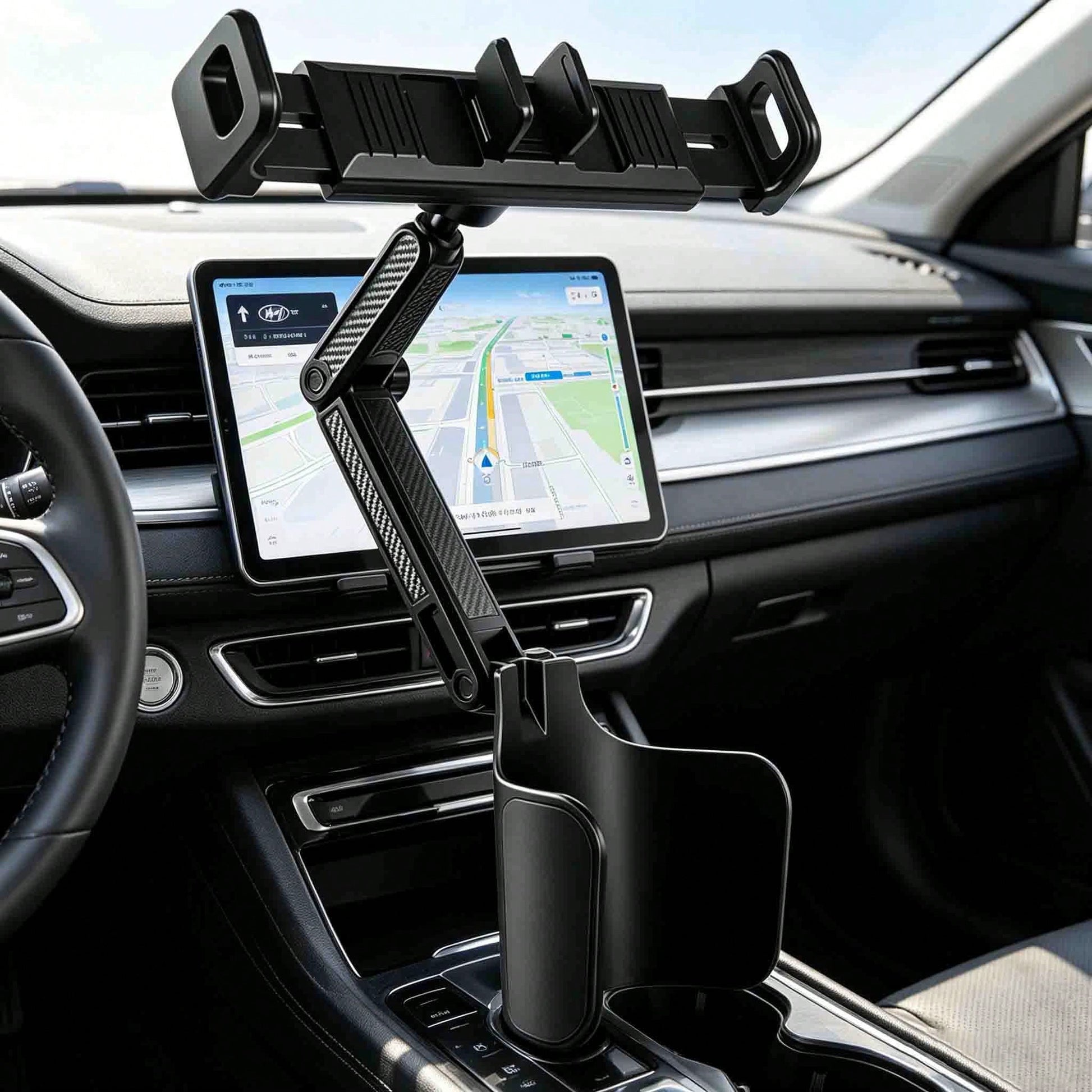 Multi-Angle Car Cup Holder Tablet & Phone Mount, 2-In-1 Dual Device Navigation Stand, Vertical & Horizontal Screen Switching, Compatible With 4-12 Inch All Smart Devices