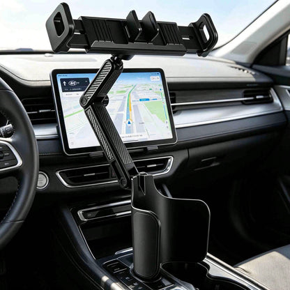 Multi-Angle Car Cup Holder Tablet & Phone Mount, 2-In-1 Dual Device Navigation Stand, Vertical & Horizontal Screen Switching, Compatible With 4-12 Inch All Smart Devices