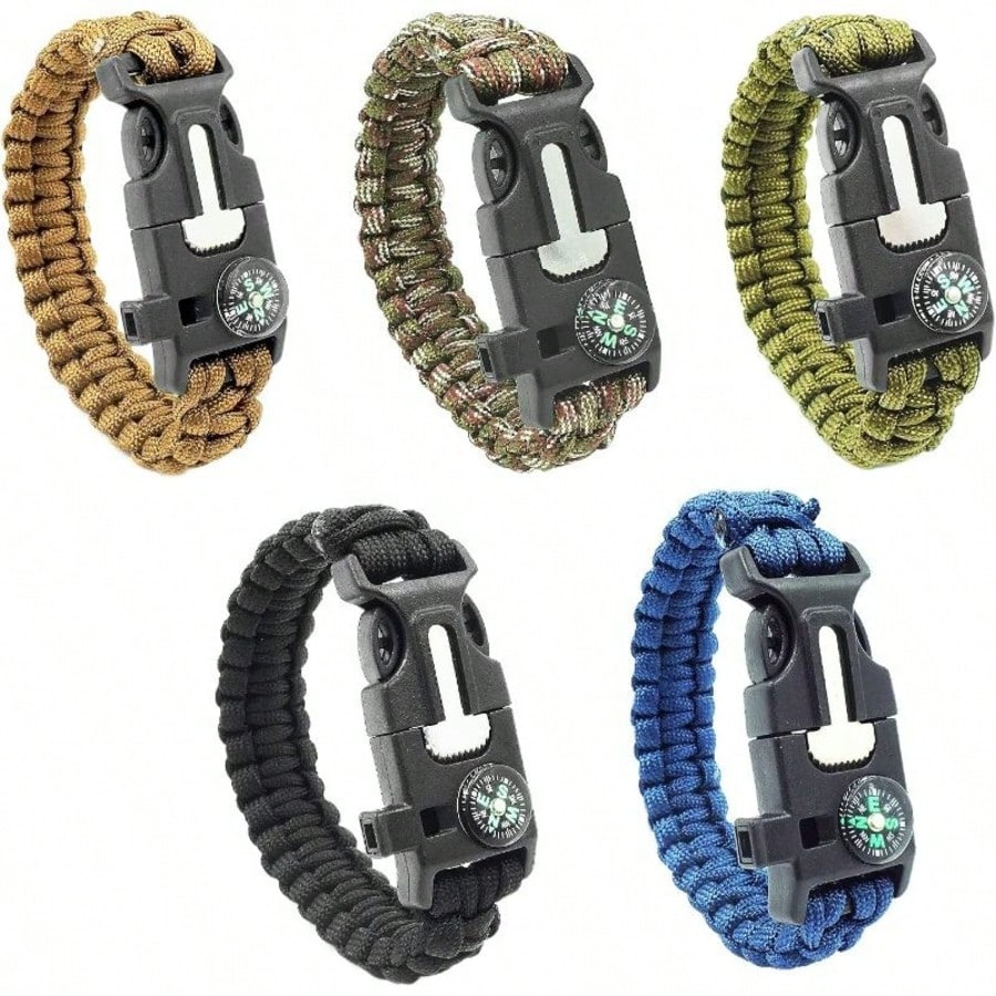 Multifunctional 5-In-1 Outdoor Survival Paracord Bracelet Camping Emergency Kit, With Precision Navigation Compass, 120dB Rescue Whistle, Multi-Function Cutting And Scraping, Tear-Resistant 7-Strand P