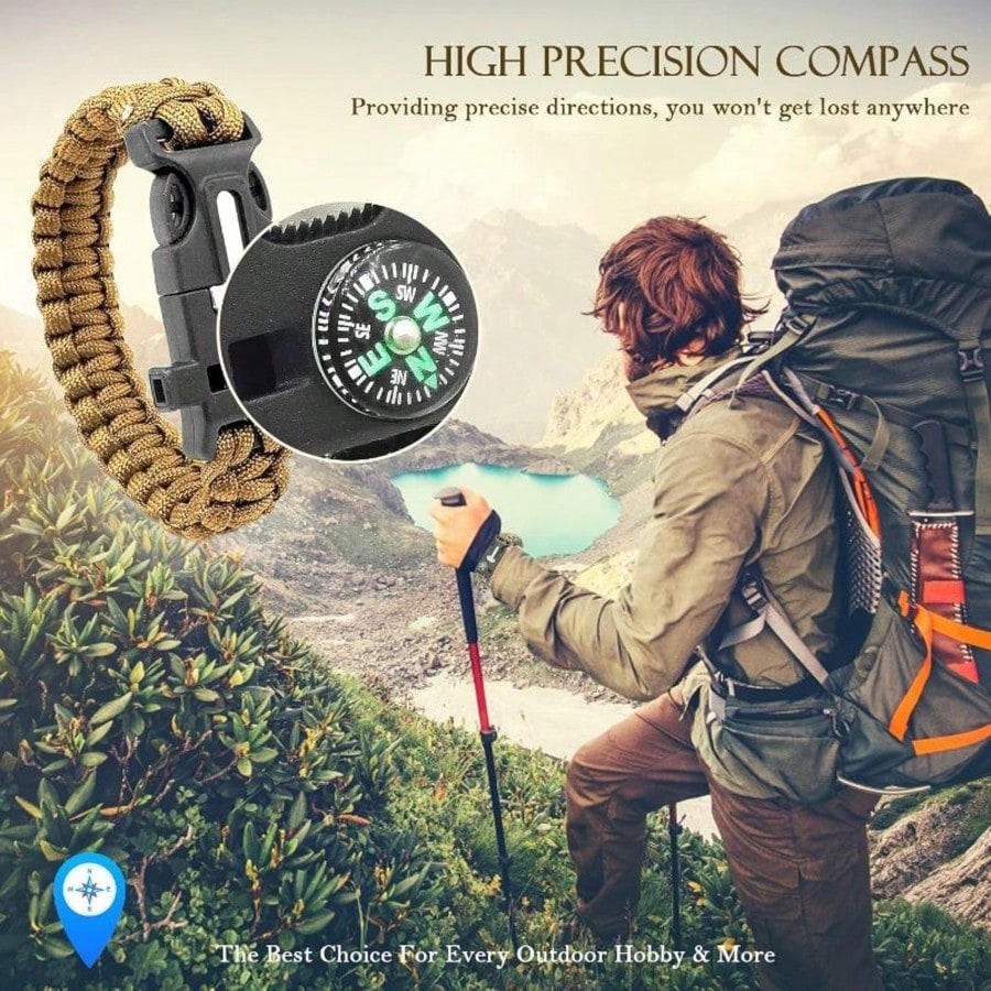 Multifunctional 5-In-1 Outdoor Survival Paracord Bracelet Camping Emergency Kit, With Precision Navigation Compass, 120dB Rescue Whistle, Multi-Function Cutting And Scraping, Tear-Resistant 7-Strand P