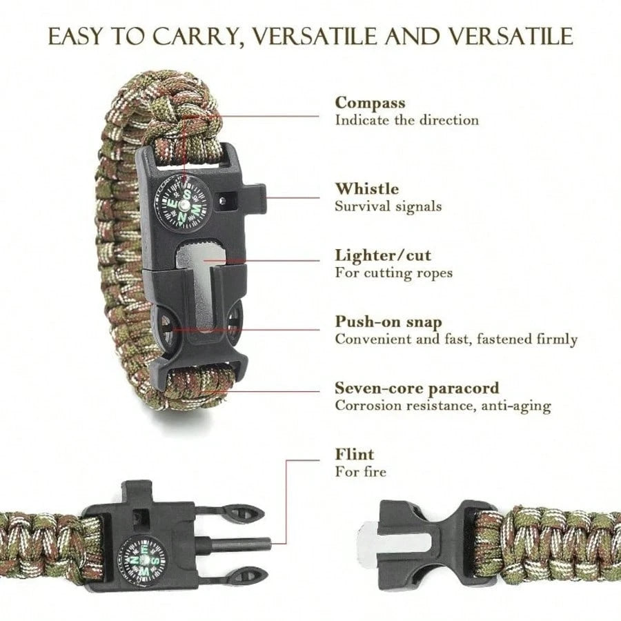Multifunctional 5-In-1 Outdoor Survival Paracord Bracelet Camping Emergency Kit, With Precision Navigation Compass, 120dB Rescue Whistle, Multi-Function Cutting And Scraping, Tear-Resistant 7-Strand P
