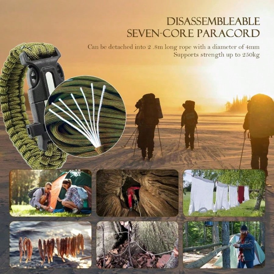 Multifunctional 5-In-1 Outdoor Survival Paracord Bracelet Camping Emergency Kit, With Precision Navigation Compass, 120dB Rescue Whistle, Multi-Function Cutting And Scraping, Tear-Resistant 7-Strand P