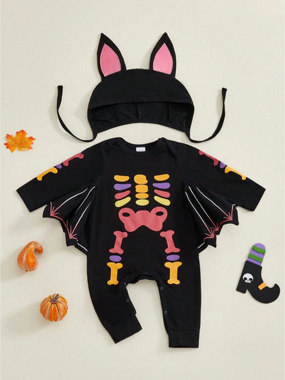 My First Halloween Bat Outfits Skeleton Jumpsuit Newborn Baby Boy Girl Halloween Outfit Bodysuit Romper With Hat