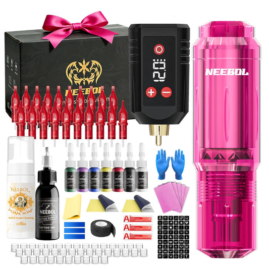 Neebol Tattoo Gun Kit Complete Set, Portable Design, Cordless Tattoo Pen, 1600mAH Battery, Wireless Machine, 20 Red Cartridge Needles, 8 Inks, Extra White Soap, Tattoo Supplies For Beginners & Artists