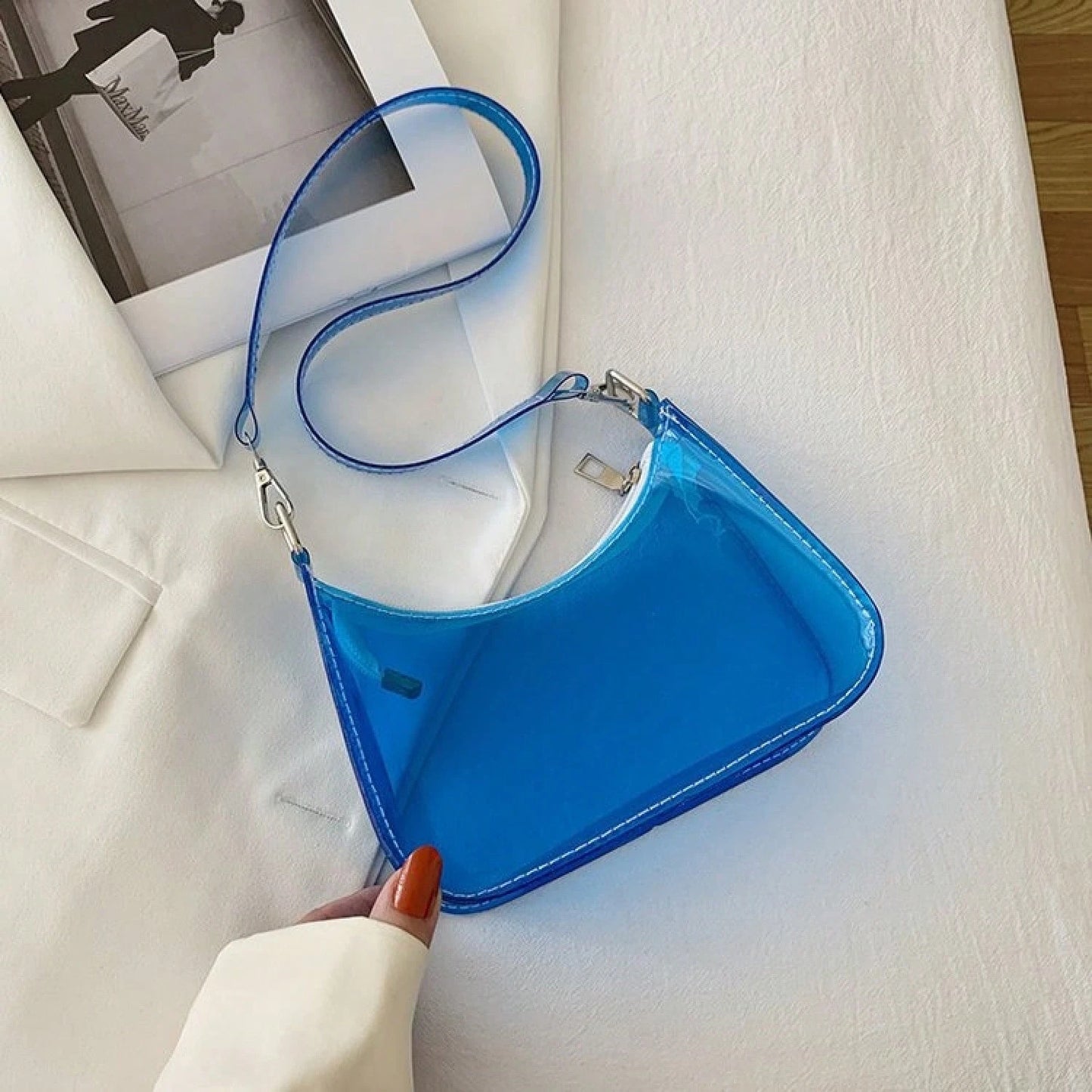 Neon Transparent PVC Baguette Underarm Bag, Detachable Adjustable Strap Y2K Shoulder Purse, Multi Bright Color Hobo Handbag Beach & Fes