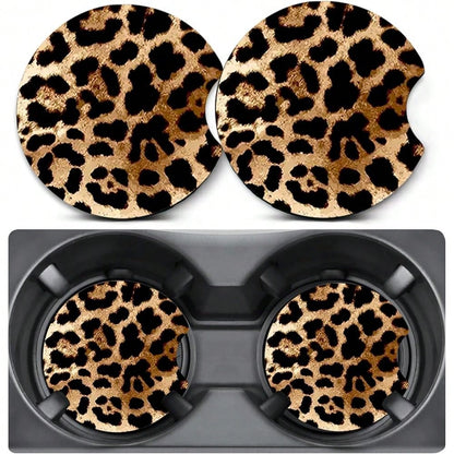 NEW- 2 Pack Car Coasters For Cup Holders,Brown Leopard Car Coasters,2.75" Universal Size Anti Slip Rubber Mat,Cheetah Cup Holder Decal,Cute Auto Accessories Interior For Women