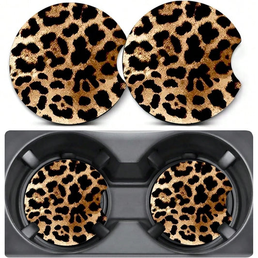 NEW- 2 Pack Car Coasters For Cup Holders,Brown Leopard Car Coasters,2.75" Universal Size Anti Slip Rubber Mat,Cheetah Cup Holder Decal,Cute Auto Accessories Interior For Women