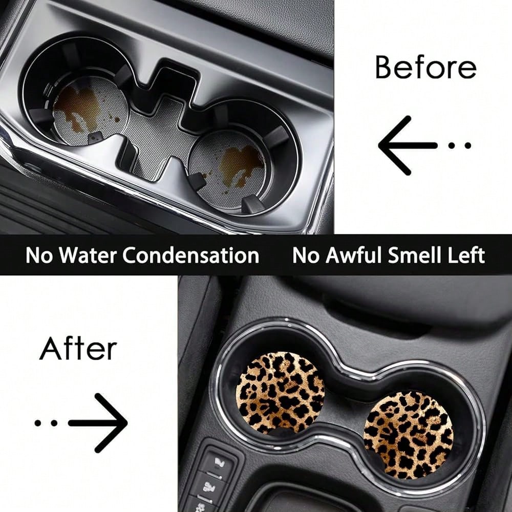 NEW- 2 Pack Car Coasters For Cup Holders,Brown Leopard Car Coasters,2.75" Universal Size Anti Slip Rubber Mat,Cheetah Cup Holder Decal,Cute Auto Accessories Interior For Women