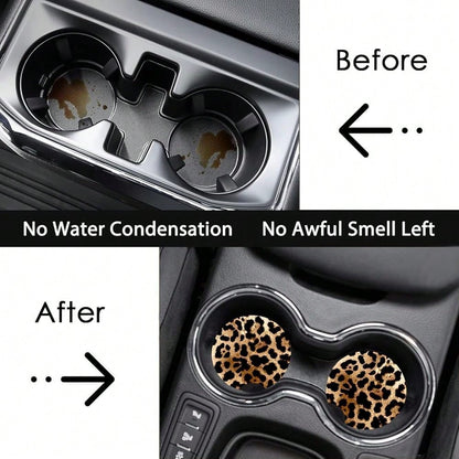 NEW- 2 Pack Car Coasters For Cup Holders,Brown Leopard Car Coasters,2.75" Universal Size Anti Slip Rubber Mat,Cheetah Cup Holder Decal,Cute Auto Accessories Interior For Women