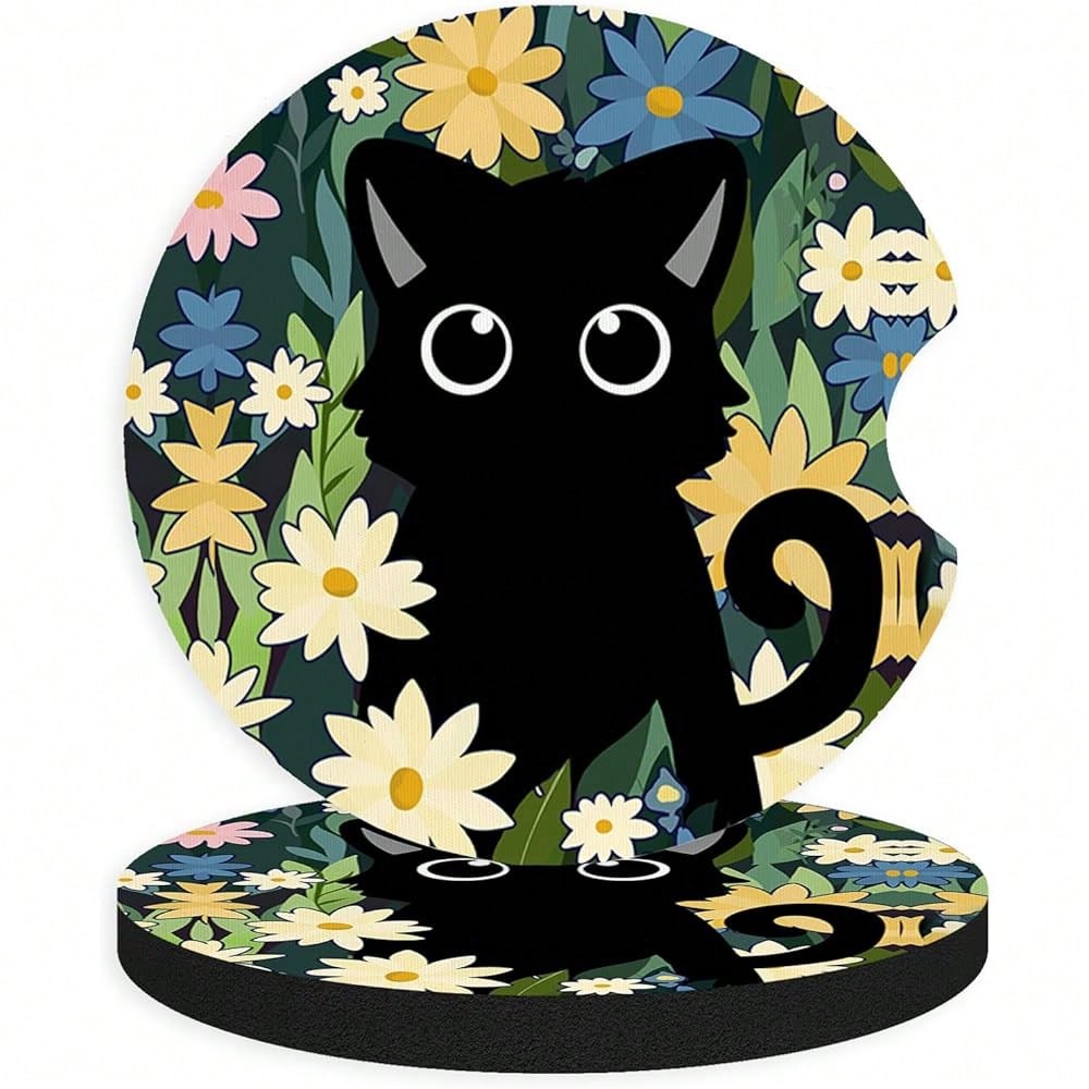 NEW- 2pcs Cute Cat Car Coasters,Absorbent Universal Neoprener Cup Holder Coasters With A Finger Notch,Car Accessories For Women&Man Interior2.75" 2