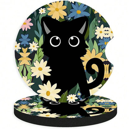 NEW- 2pcs Cute Cat Car Coasters,Absorbent Universal Neoprener Cup Holder Coasters With A Finger Notch,Car Accessories For Women&Man Interior2.75" 2
