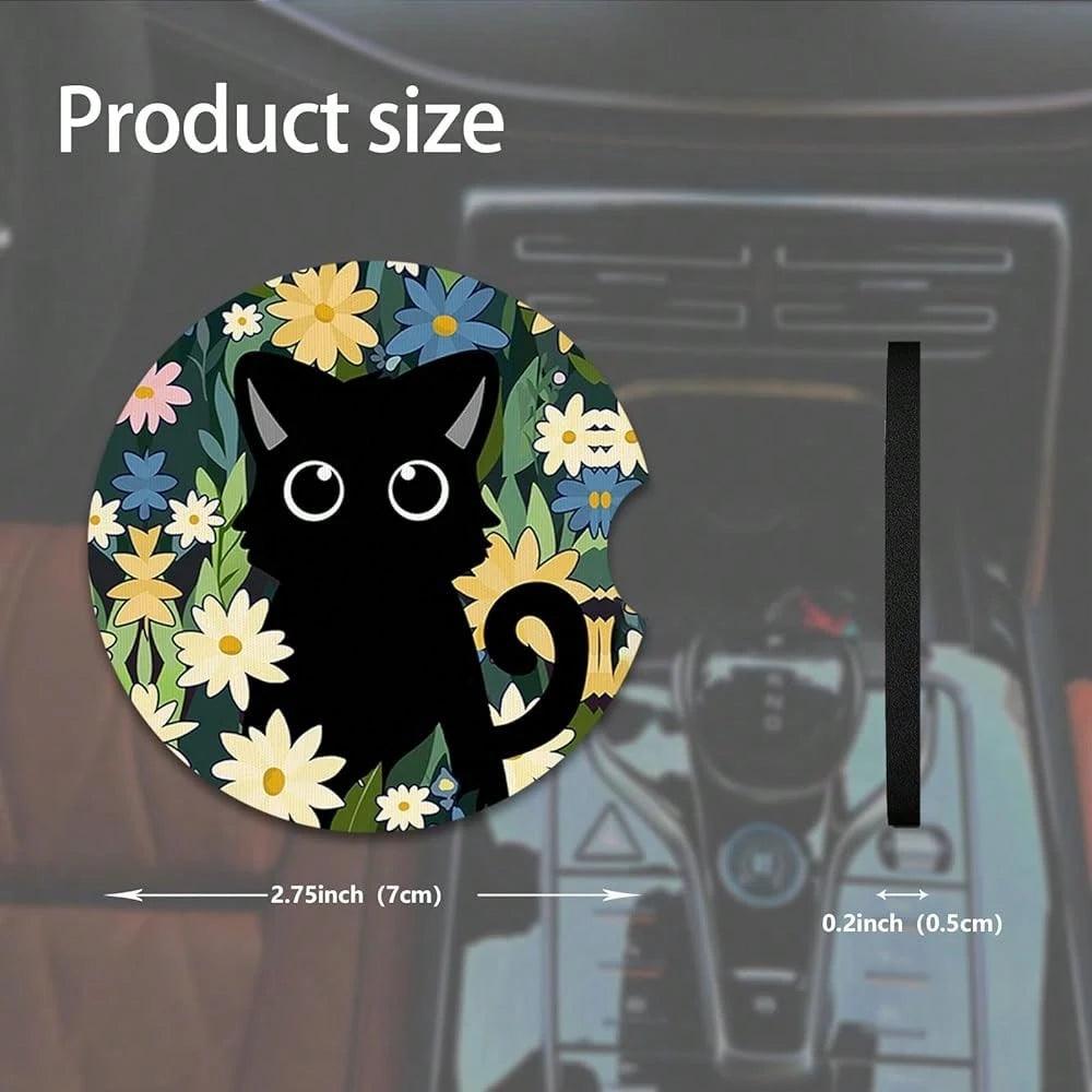 NEW- 2pcs Cute Cat Car Coasters,Absorbent Universal Neoprener Cup Holder Coasters With A Finger Notch,Car Accessories For Women&Man Interior2.75" 2