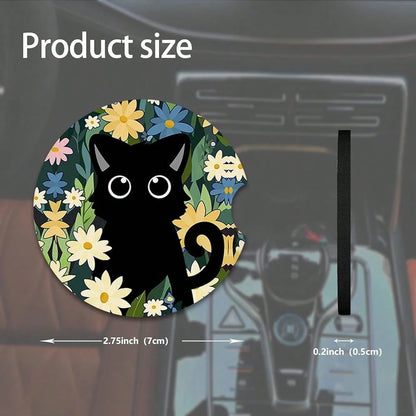 NEW- 2pcs Cute Cat Car Coasters,Absorbent Universal Neoprener Cup Holder Coasters With A Finger Notch,Car Accessories For Women&Man Interior2.75" 2