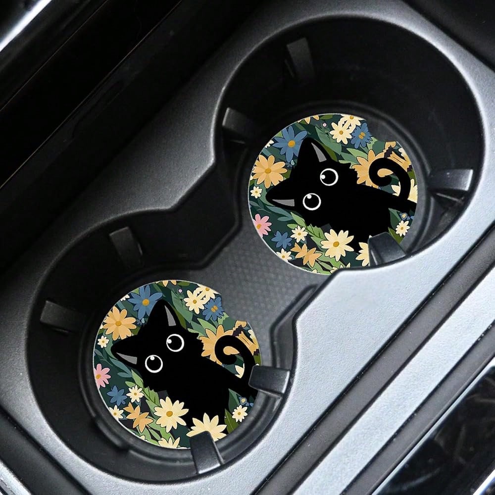 NEW- 2pcs Cute Cat Car Coasters,Absorbent Universal Neoprener Cup Holder Coasters With A Finger Notch,Car Accessories For Women&Man Interior2.75" 2