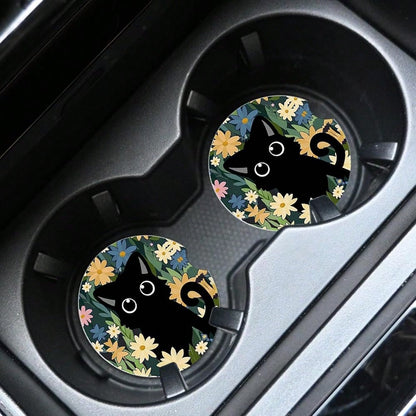 NEW- 2pcs Cute Cat Car Coasters,Absorbent Universal Neoprener Cup Holder Coasters With A Finger Notch,Car Accessories For Women&Man Interior2.75" 2