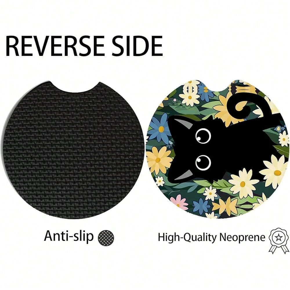 NEW- 2pcs Cute Cat Car Coasters,Absorbent Universal Neoprener Cup Holder Coasters With A Finger Notch,Car Accessories For Women&Man Interior2.75" 2