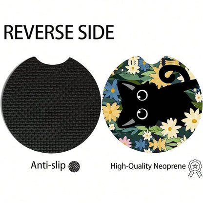 NEW- 2pcs Cute Cat Car Coasters,Absorbent Universal Neoprener Cup Holder Coasters With A Finger Notch,Car Accessories For Women&Man Interior2.75" 2