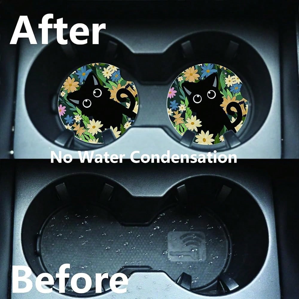 NEW- 2pcs Cute Cat Car Coasters,Absorbent Universal Neoprener Cup Holder Coasters With A Finger Notch,Car Accessories For Women&Man Interior2.75" 2