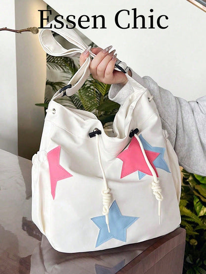 New Arrival Spring/Summer Solid Color Nylon 5-Pointed Star Decor Large Capacity Tote Bag, Women's Shoulder & Crossbody Bag For Students