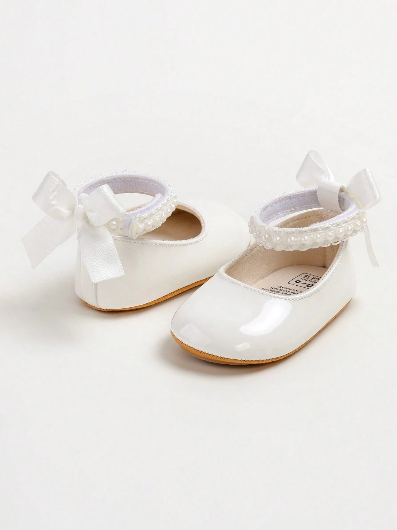 New Baby Girls' Mary Jane Flat Shoes, Bow Design, Non-Slip Soft PU Leather Sole, Infant Toddler Walking Shoes, Pearl Satin Ribbon Decor