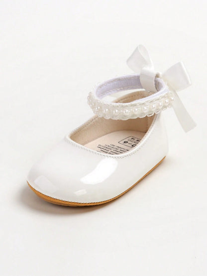 New Baby Girls' Mary Jane Flat Shoes, Bow Design, Non-Slip Soft PU Leather Sole, Infant Toddler Walking Shoes, Pearl Satin Ribbon Decor