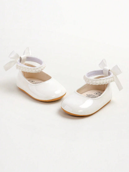 New Baby Girls' Mary Jane Flat Shoes, Bow Design, Non-Slip Soft PU Leather Sole, Infant Toddler Walking Shoes, Pearl Satin Ribbon Decor