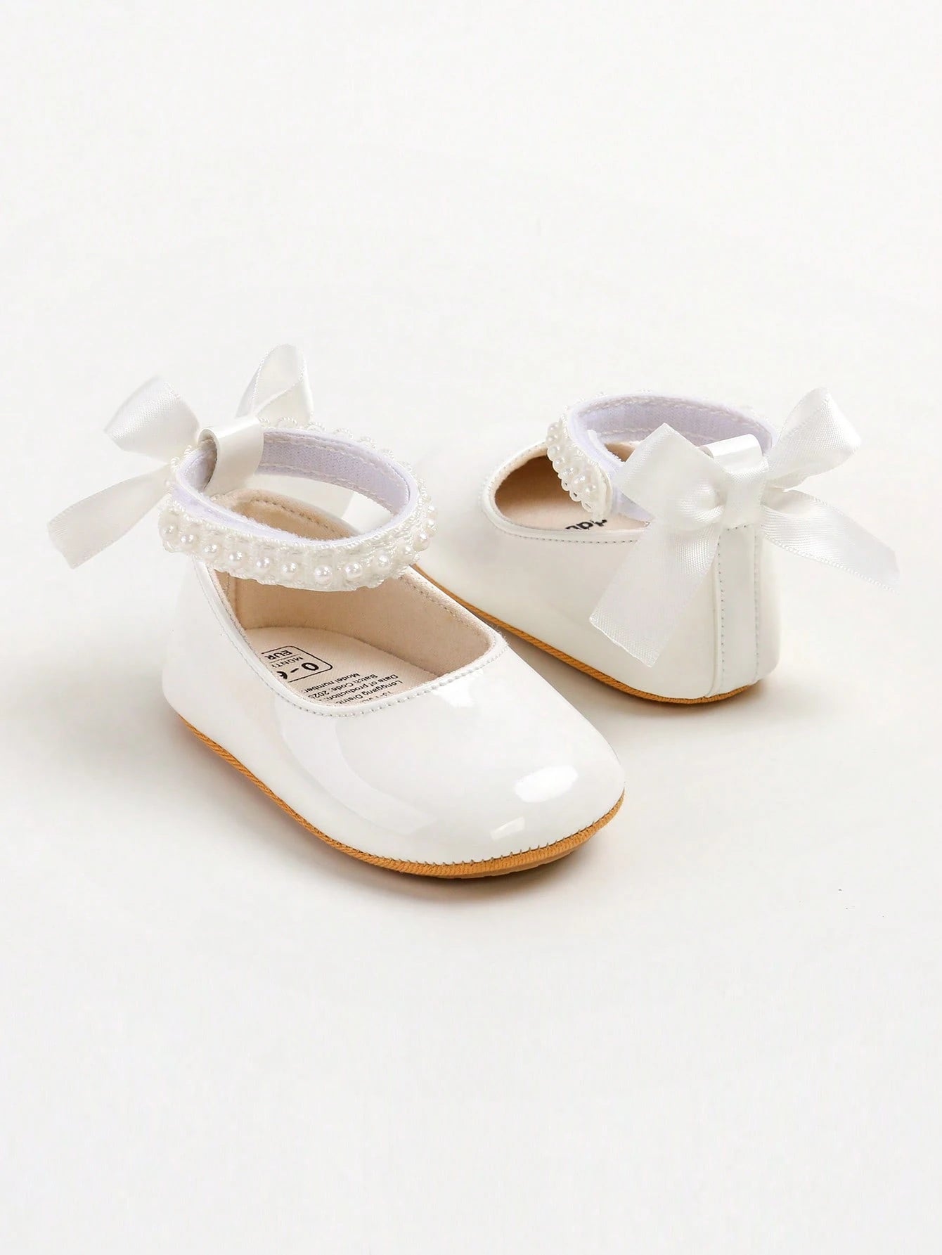 New Baby Girls' Mary Jane Flat Shoes, Bow Design, Non-Slip Soft PU Leather Sole, Infant Toddler Walking Shoes, Pearl Satin Ribbon Decor