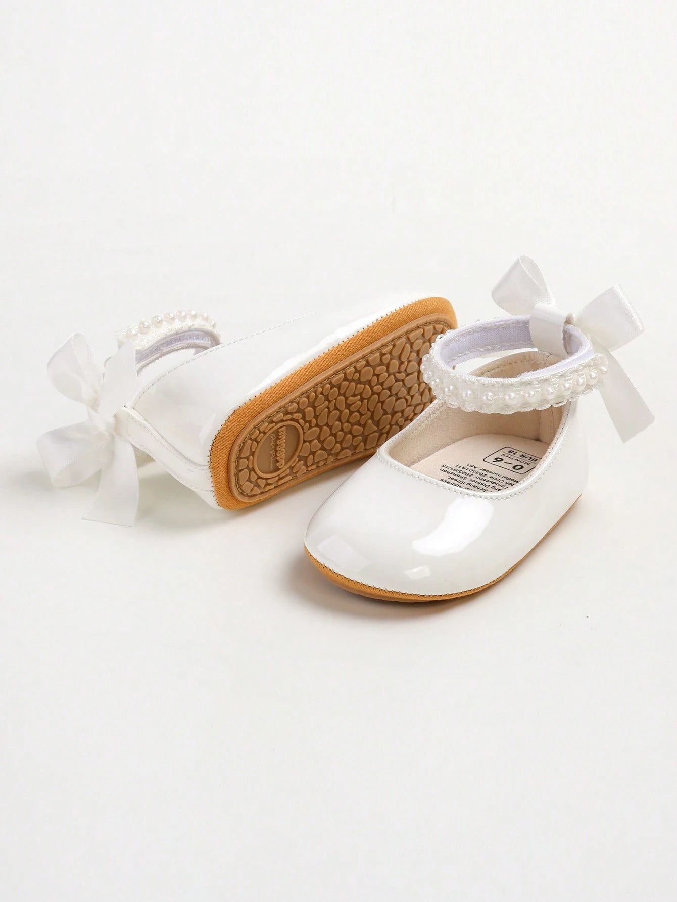 New Baby Girls' Mary Jane Flat Shoes, Bow Design, Non-Slip Soft PU Leather Sole, Infant Toddler Walking Shoes, Pearl Satin Ribbon Decor