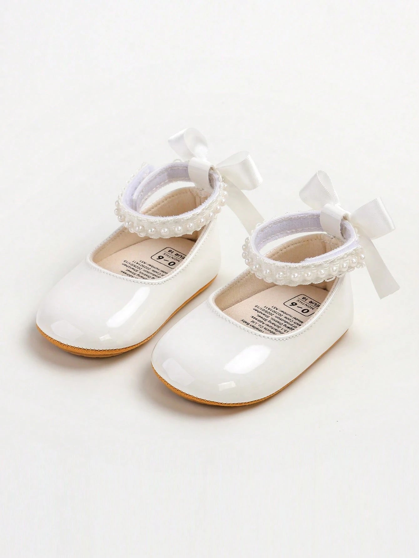 New Baby Girls' Mary Jane Flat Shoes, Bow Design, Non-Slip Soft PU Leather Sole, Infant Toddler Walking Shoes, Pearl Satin Ribbon Decor