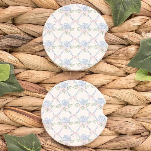NEW- Car Coasters Set Of 2 Absorbent Ceramic Cup Holder Coasters With Hydrangea And Bow Lattice Design Cute Floral Car Accessories For Women And Aesthetic Car Decor