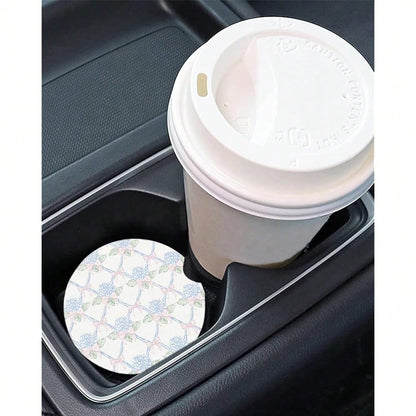 NEW- Car Coasters Set Of 2 Absorbent Ceramic Cup Holder Coasters With Hydrangea And Bow Lattice Design Cute Floral Car Accessories For Women And Aesthetic Car Decor