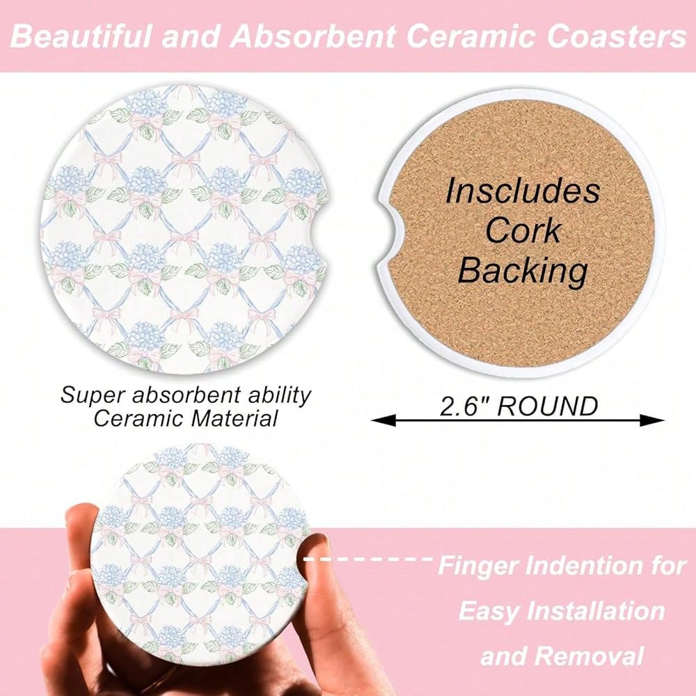 NEW- Car Coasters Set Of 2 Absorbent Ceramic Cup Holder Coasters With Hydrangea And Bow Lattice Design Cute Floral Car Accessories For Women And Aesthetic Car Decor