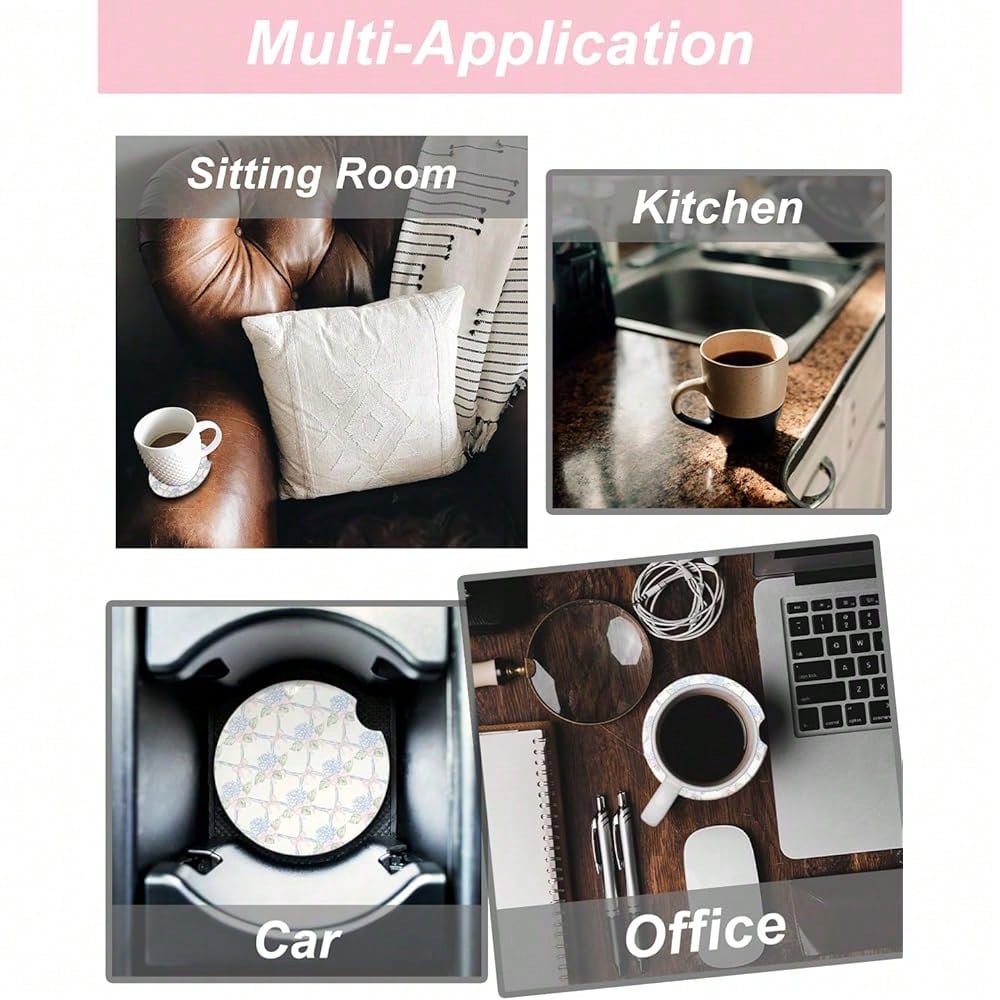 NEW- Car Coasters Set Of 2 Absorbent Ceramic Cup Holder Coasters With Hydrangea And Bow Lattice Design Cute Floral Car Accessories For Women And Aesthetic Car Decor