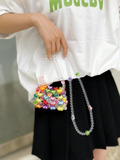 New Colorful Beaded Mini Crossbody Bag For Women, Heart Shaped Knitted Candy Handbag, Crochet Bags