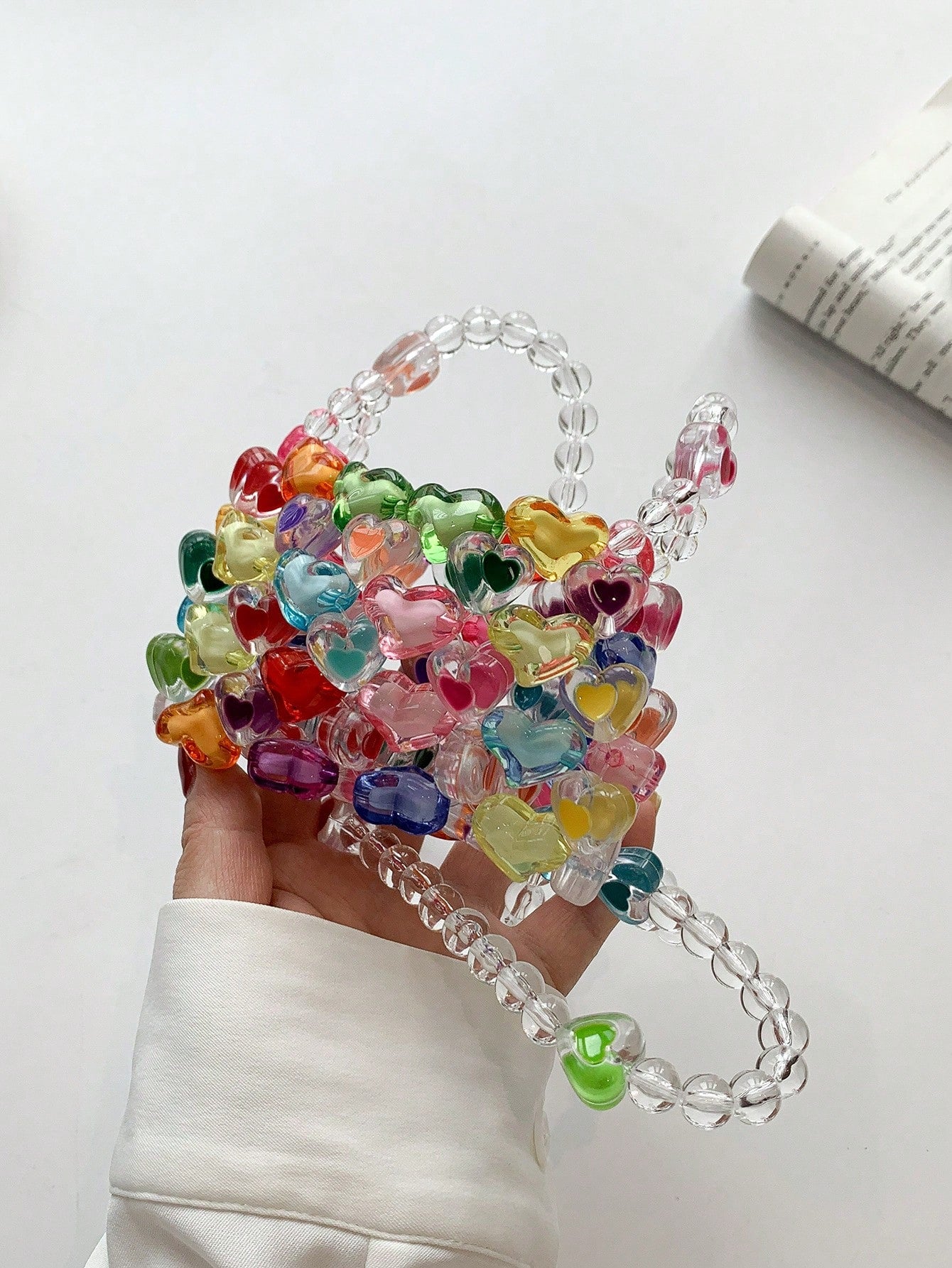 New Colorful Beaded Mini Crossbody Bag For Women, Heart Shaped Knitted Candy Handbag, Crochet Bags