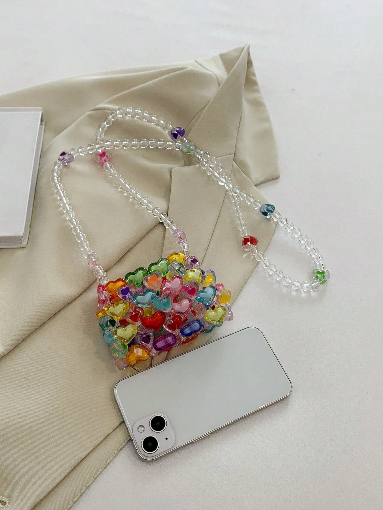 New Colorful Beaded Mini Crossbody Bag For Women, Heart Shaped Knitted Candy Handbag, Crochet Bags