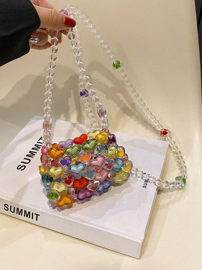 New Colorful Beaded Mini Crossbody Bag For Women, Heart Shaped Knitted Candy Handbag, Crochet Bags