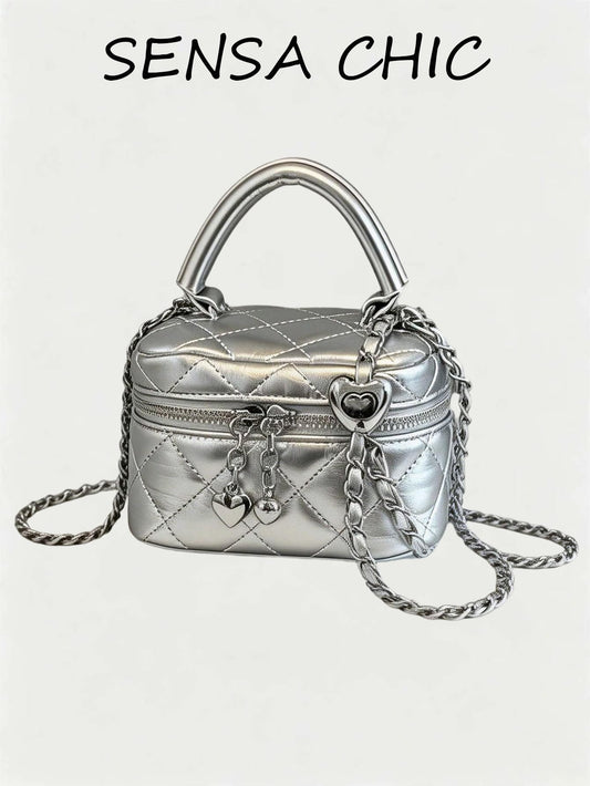 New Fashion Classic Multifunctional Waterproof PU Material, Diamond Quilted Pattern Handbag, Lightweight And Easy To Carry, Zipper Closure Design, Heart-Shaped Zipper Decor Crossbody Round Box Bag, Co