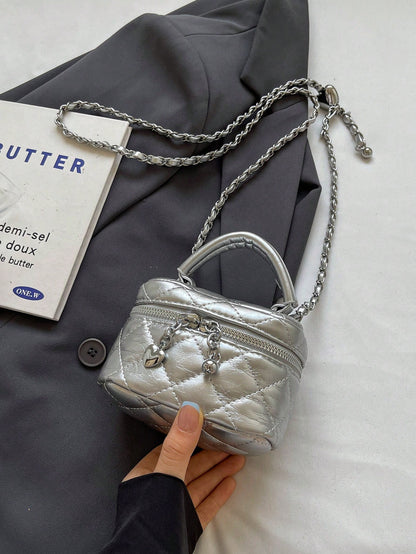 New Fashion Classic Multifunctional Waterproof PU Material, Diamond Quilted Pattern Handbag, Lightweight And Easy To Carry, Zipper Closure Design, Heart-Shaped Zipper Decor Crossbody Round Box Bag, Co