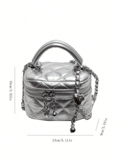 New Fashion Classic Multifunctional Waterproof PU Material, Diamond Quilted Pattern Handbag, Lightweight And Easy To Carry, Zipper Closure Design, Heart-Shaped Zipper Decor Crossbody Round Box Bag, Co