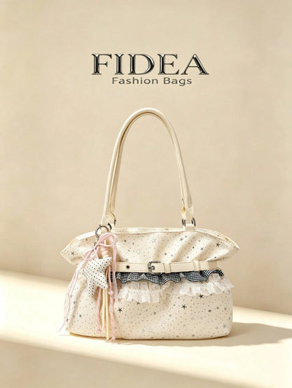 New Star Print Lace Trim Women's Large Capacity One Shoulder Tote Bag, Soft Fabric Shoulder Bag, Sweet Bow & Star Pendant Commuter Bag, Lightweight Handbag, Fresh Casual Girly Style Outing Storage Bag