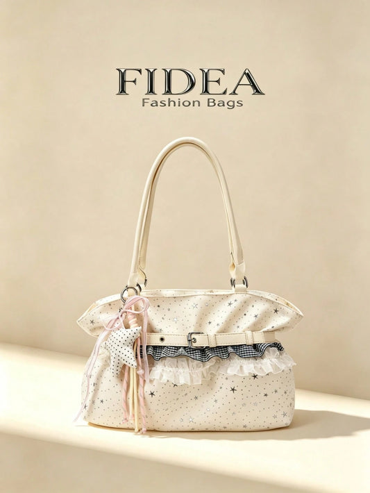 New Star Print Lace Trim Women's Large Capacity One Shoulder Tote Bag, Soft Fabric Shoulder Bag, Sweet Bow & Star Pendant Commuter Bag, Lightweight Handbag, Fresh Casual Girly Style Outing Storage Bag
