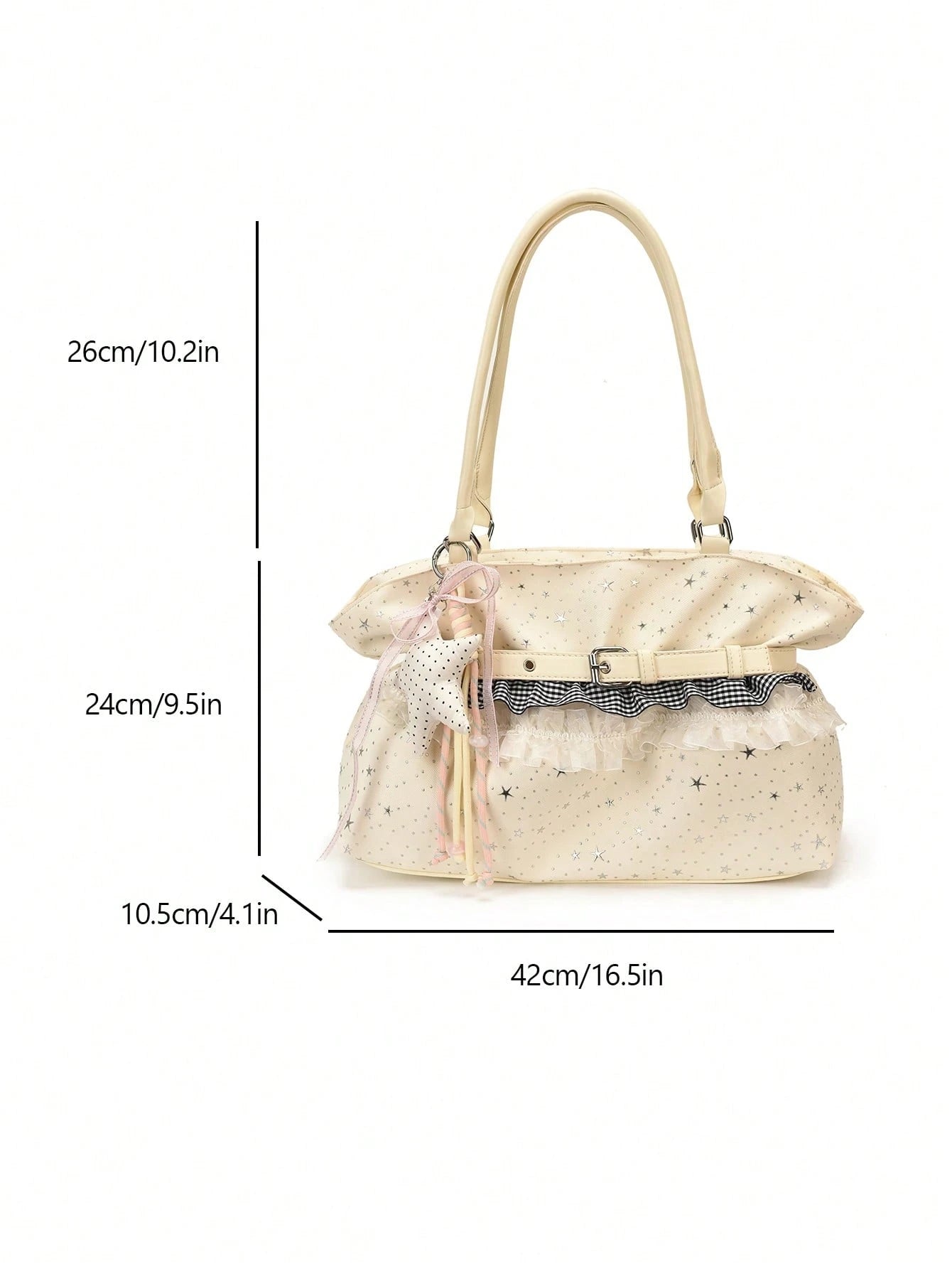 New Star Print Lace Trim Women's Large Capacity One Shoulder Tote Bag, Soft Fabric Shoulder Bag, Sweet Bow & Star Pendant Commuter Bag, Lightweight Handbag, Fresh Casual Girly Style Outing Storage Bag